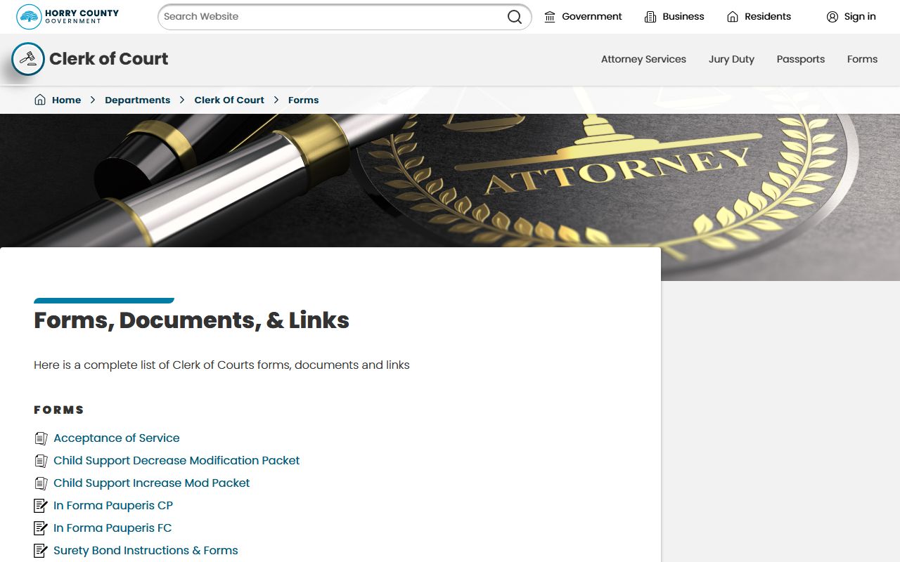 Horry County Clerk of Court records forms page
