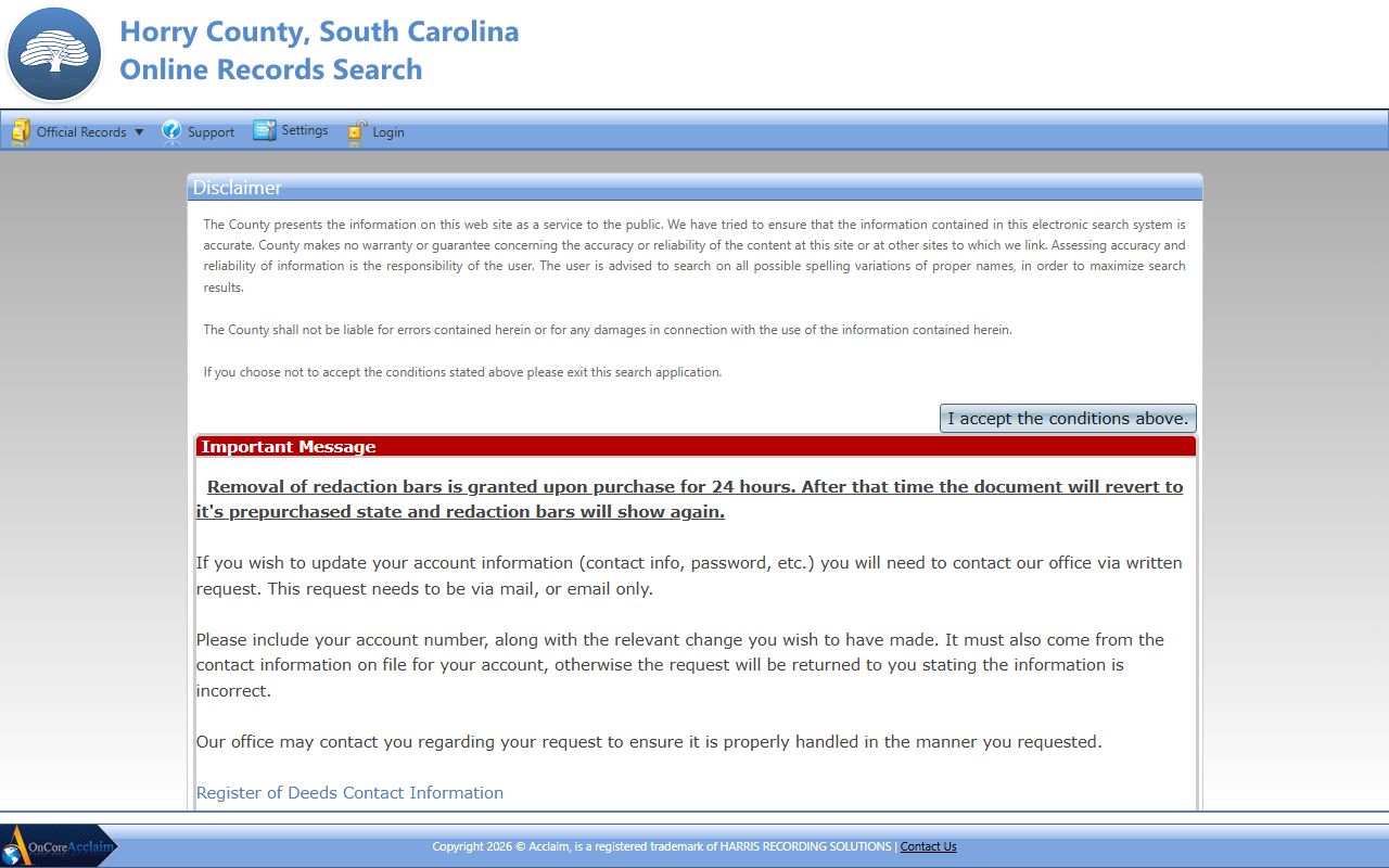 Horry County court records Acclaim disclaimer and recorded document notice