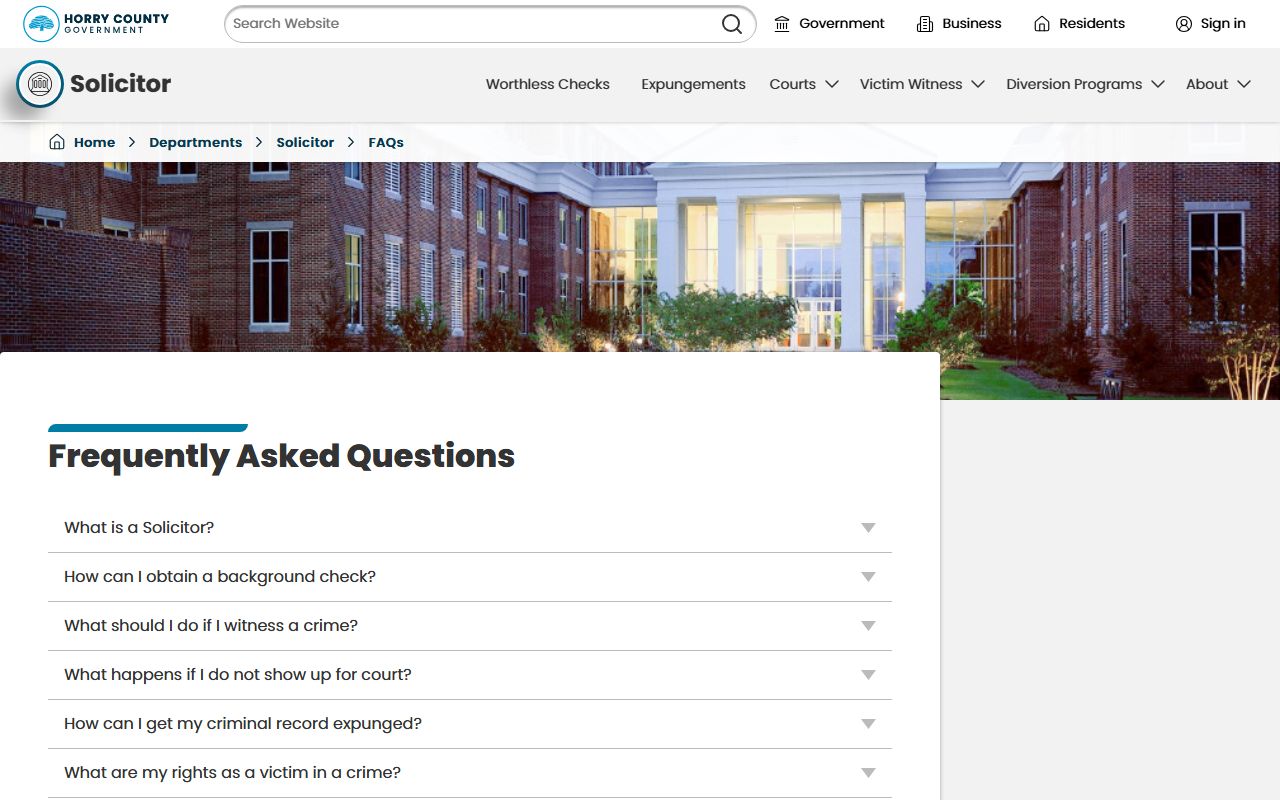 Horry County criminal court records Solicitor FAQ reference