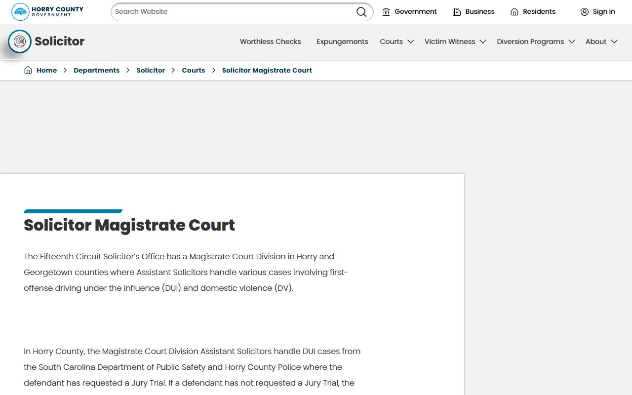 Horry County criminal court records Solicitor Magistrate Court Division information