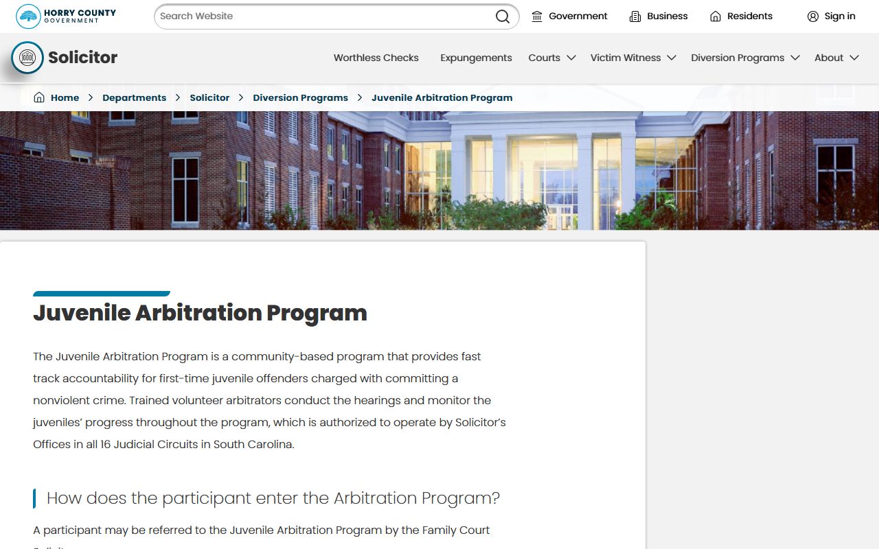 Horry County criminal court records Juvenile Arbitration Program information